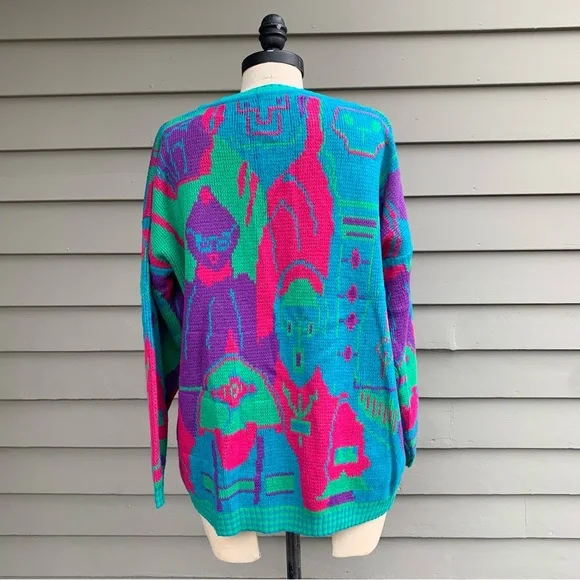 Vintage 80s People Faces Multicolor Kitschy Novelty AOP Sweater - Picture 13 of 16